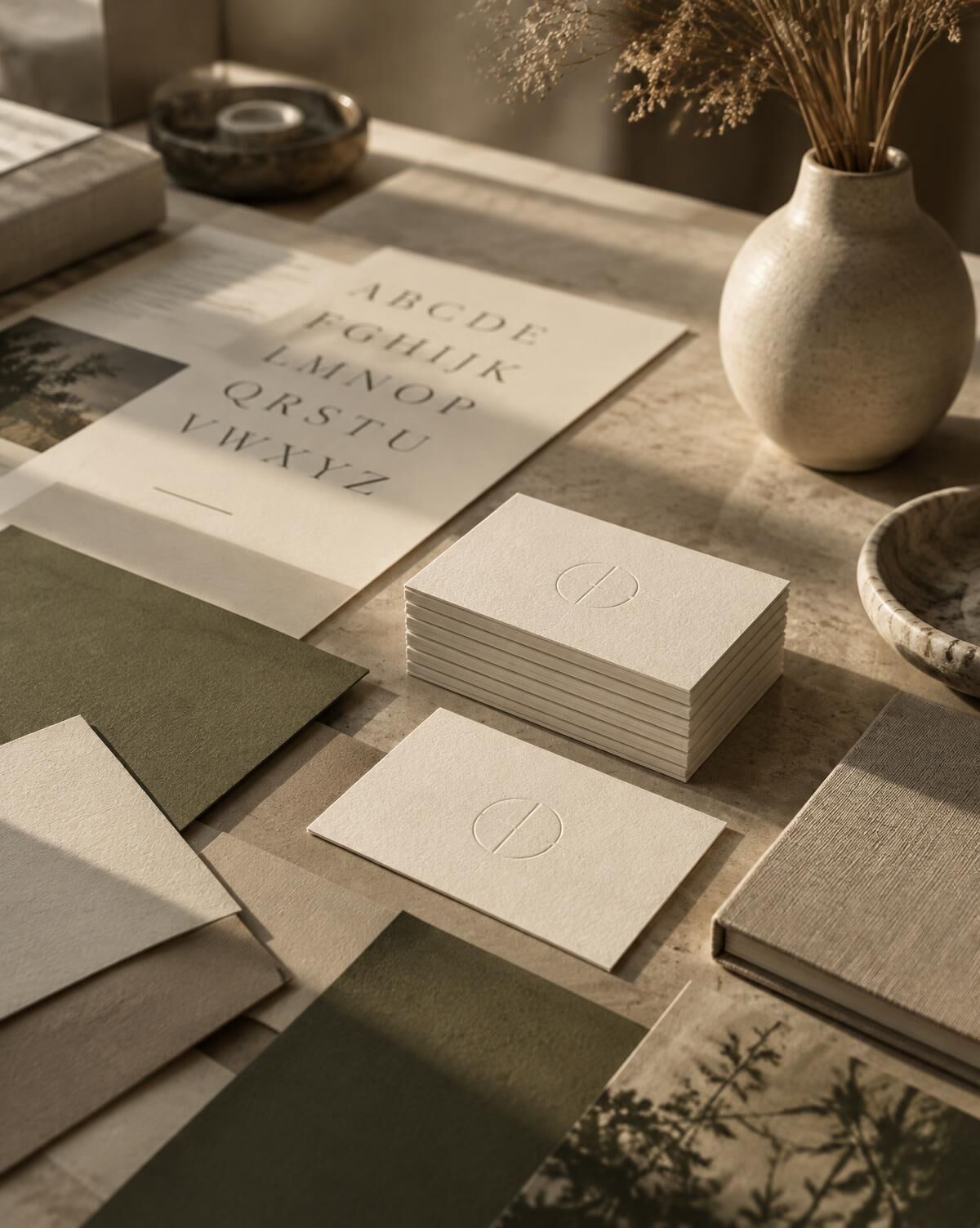 Editorial studio still life with letterpress business cards, olive and beige paper swatches and a serif type specimen