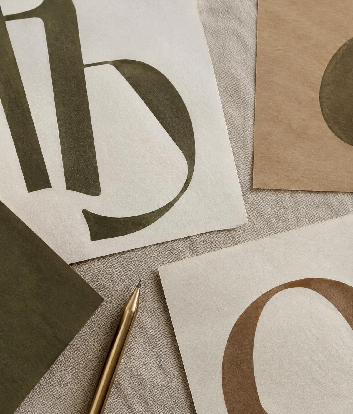 Close-up of large serif letterforms printed on cream and beige paper with a brass pencil