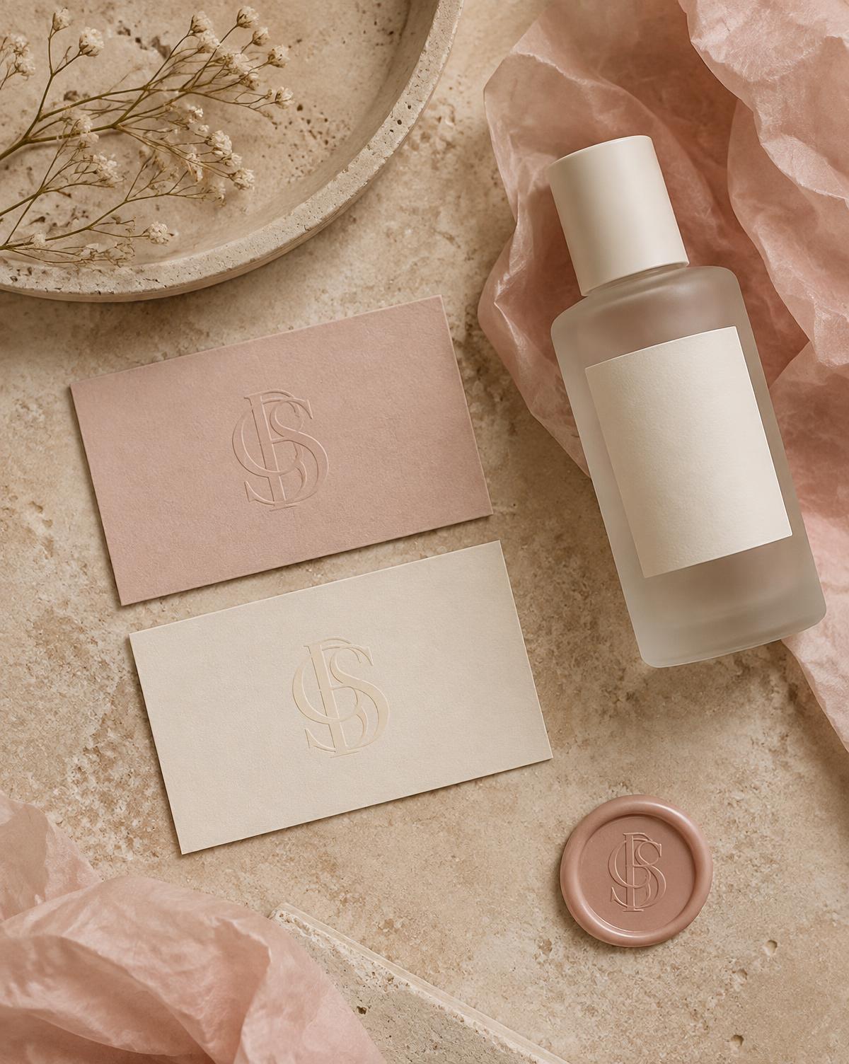 Concept brand identity flat lay with blush business cards, frosted glass bottle and wax seal on stone