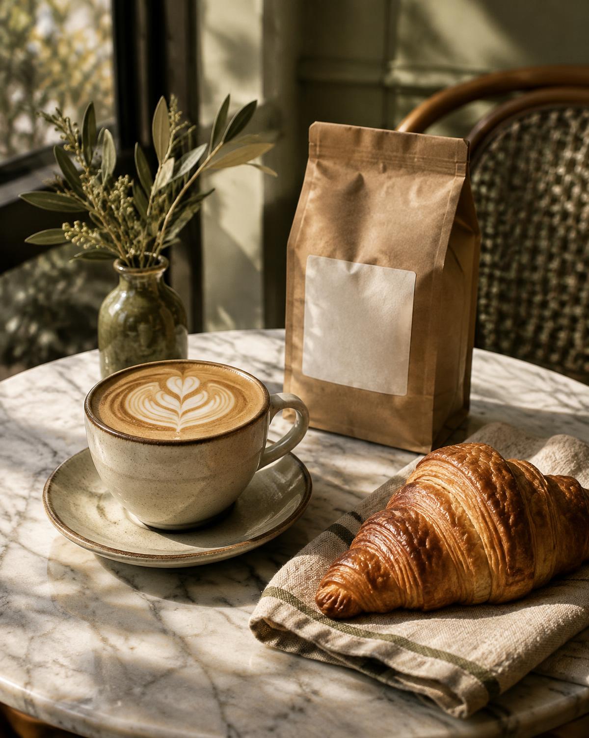 Concept café photography with latte art, croissant and kraft coffee bag on marble